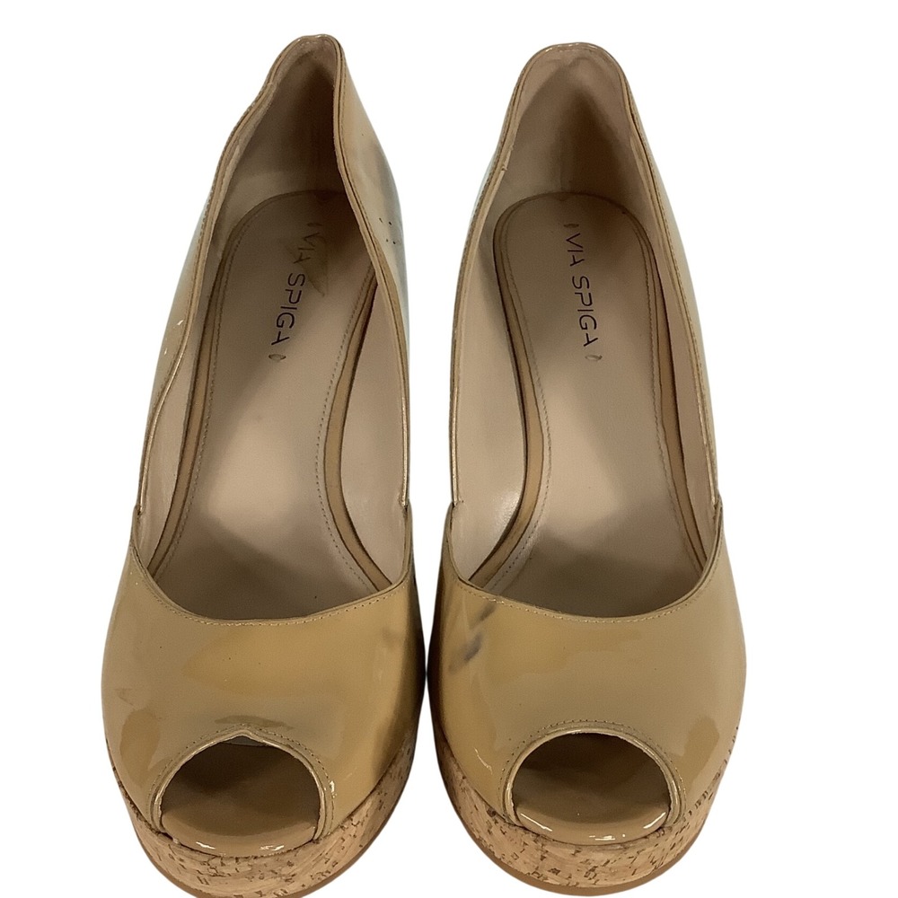 Via Spiga Tan Patent Leather Cork Wedge Peep Toe Pumps Nude Size 11M EUR 41